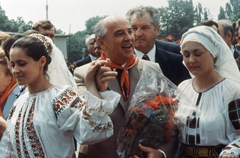 Gorbachev visits Bucharest, Romania, in May 1987.
