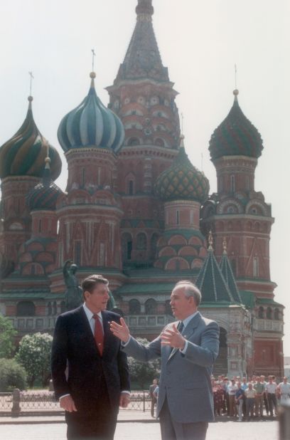 Gorbachev shows Reagan around Red Square during Reagan's visit to Moscow in May 1988.