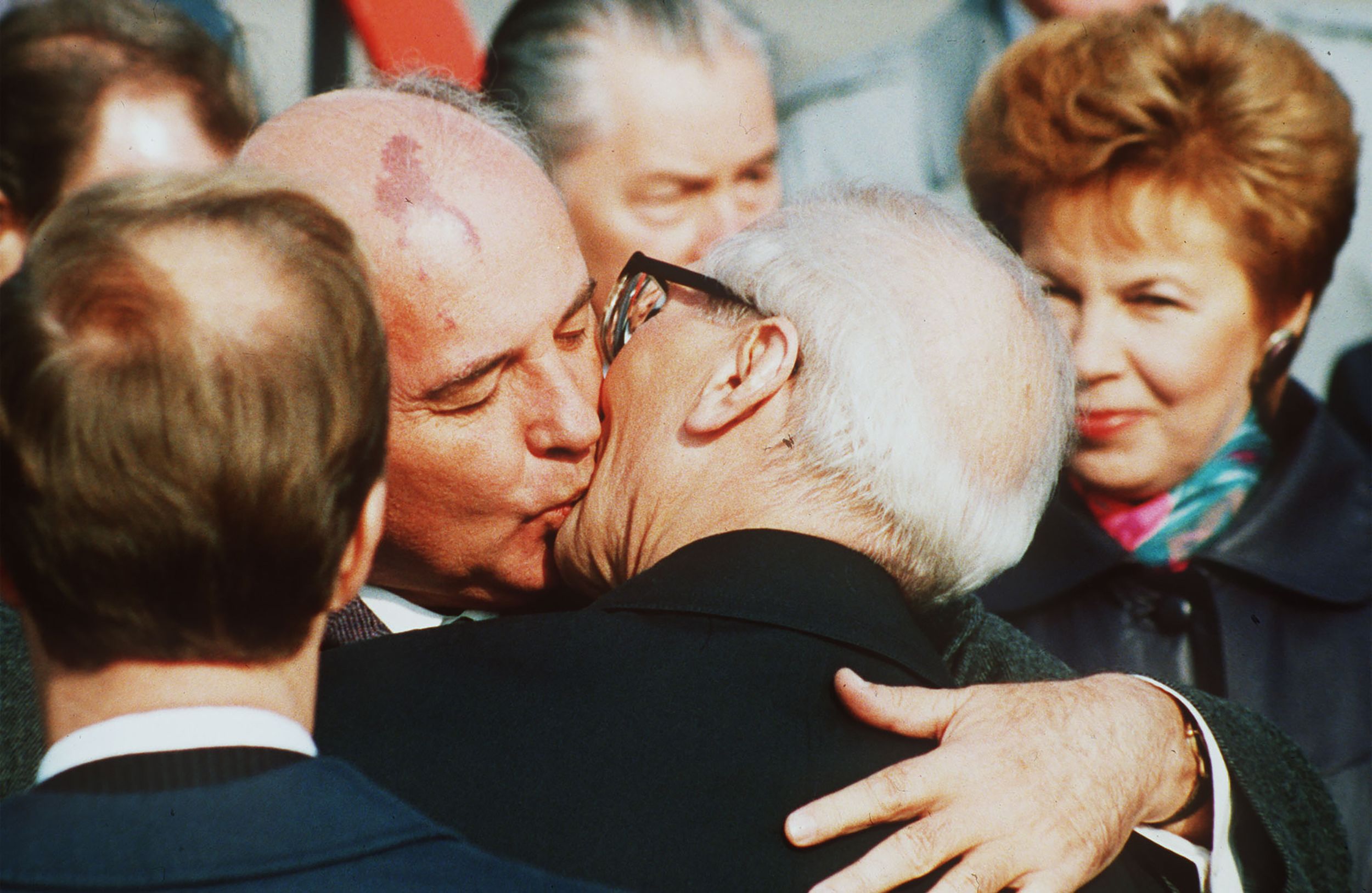 Gorbachev greets East German leader Erich Honecker after arriving in East Berlin in October 1989.