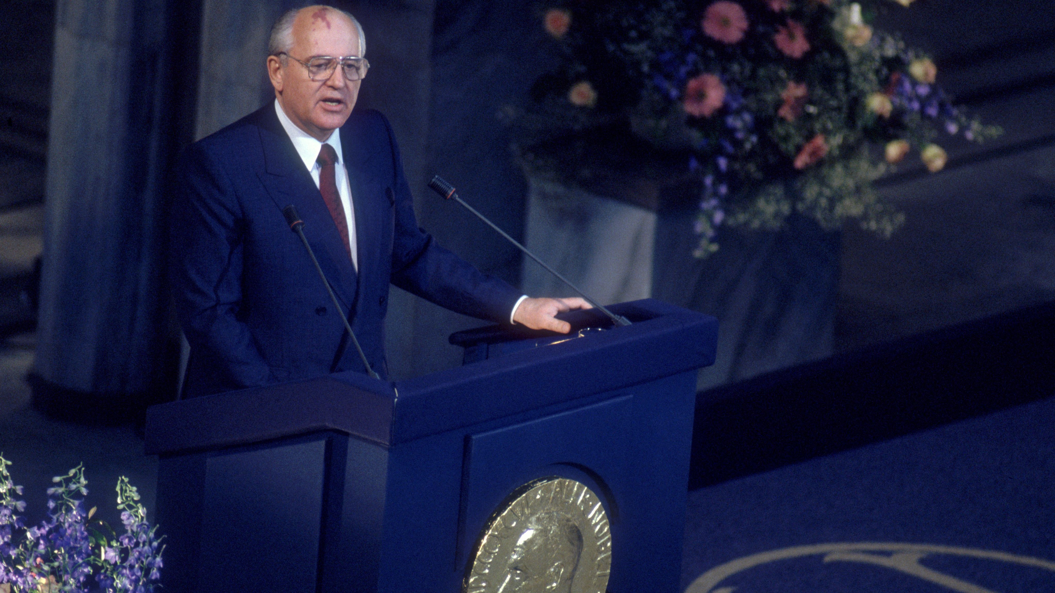 Gorbachev gives a speech after receiving the Nobel Peace Prize in June 1991. He was awarded "for his leading role in the peace process which today characterizes important parts of the international community."