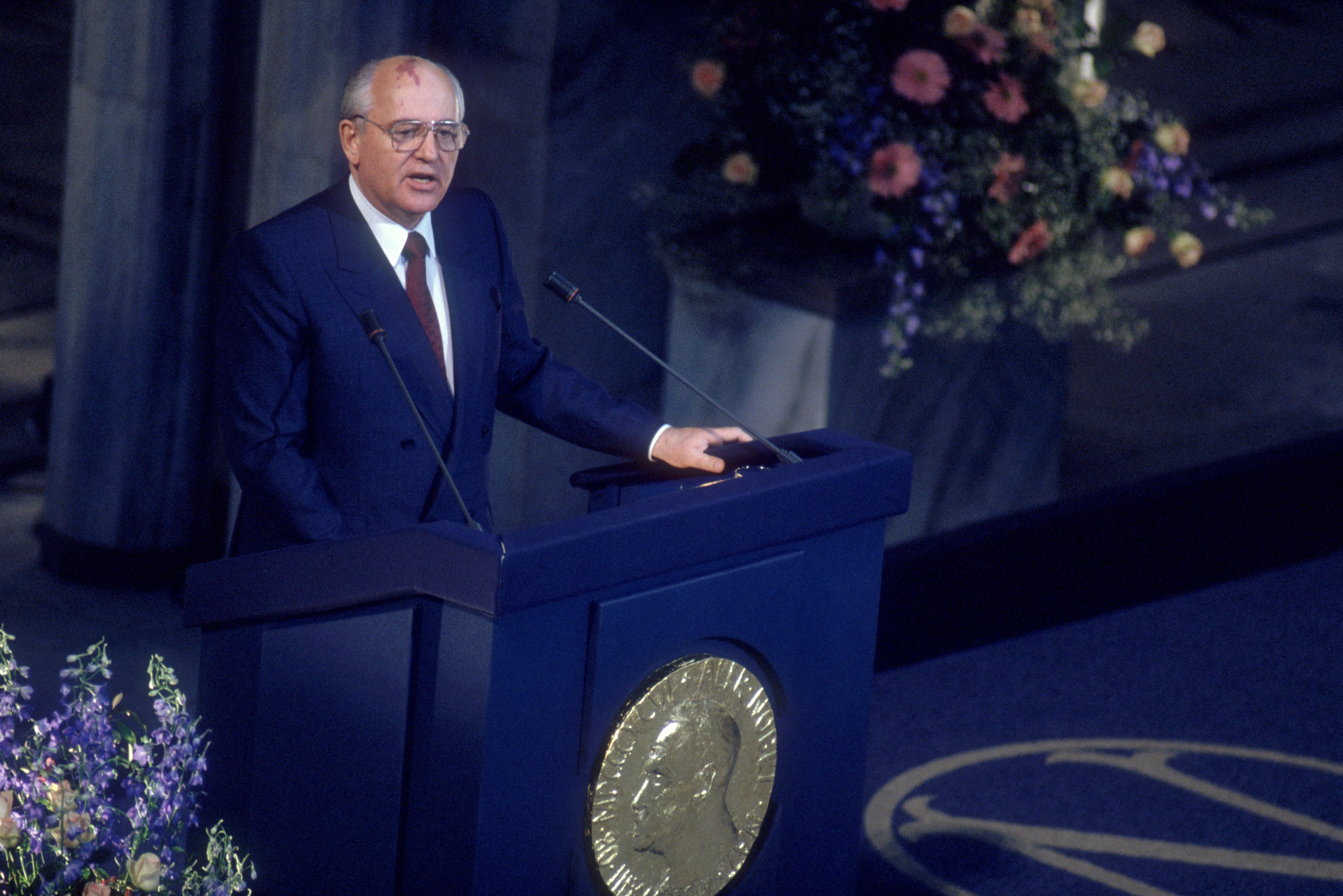 Gorbachev gives a speech after receiving the Nobel Peace Prize in June 1991.