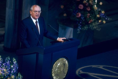 Gorbachev gives a speech after receiving the Nobel Peace Prize in June 1991. He was awarded 