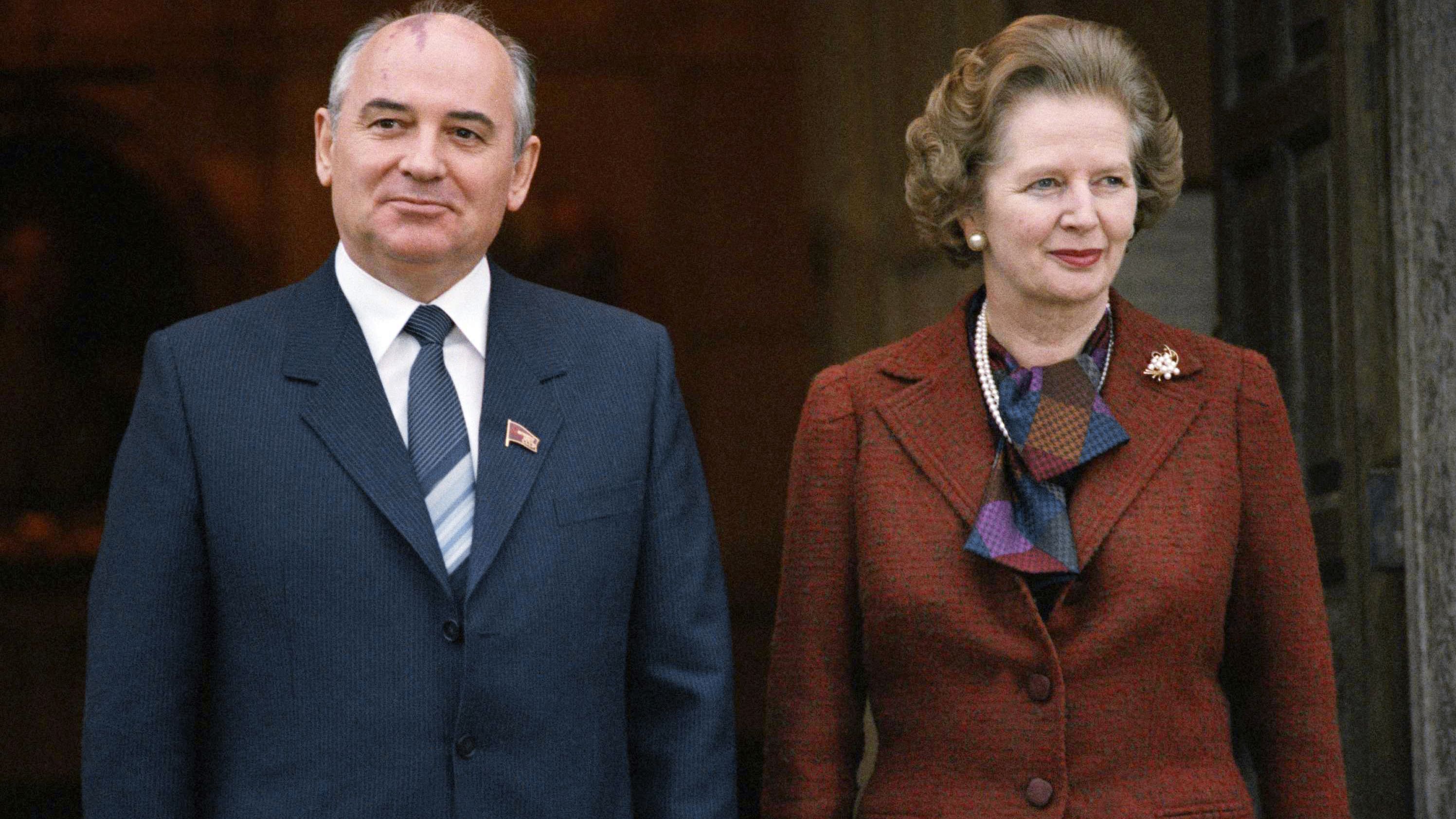 Gorbachev and British Prime Minister Margaret Thatcher pose for a picture in London as they meet in December 1984. Thatcher once called him "a man one can do business with."