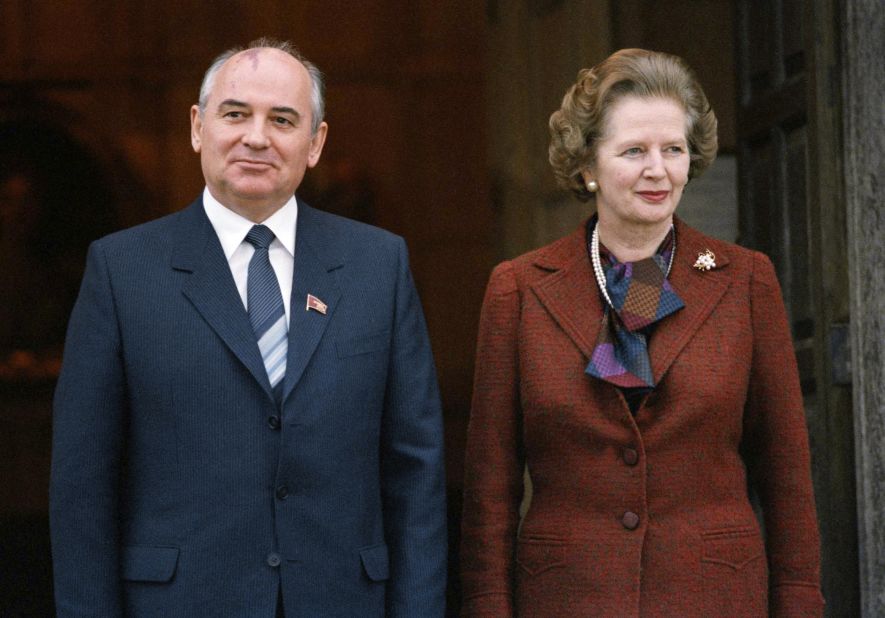 Gorbachev and British Prime Minister Margaret Thatcher pose for a picture in London as they meet in December 1984. Thatcher once called him "a man one can do business with."