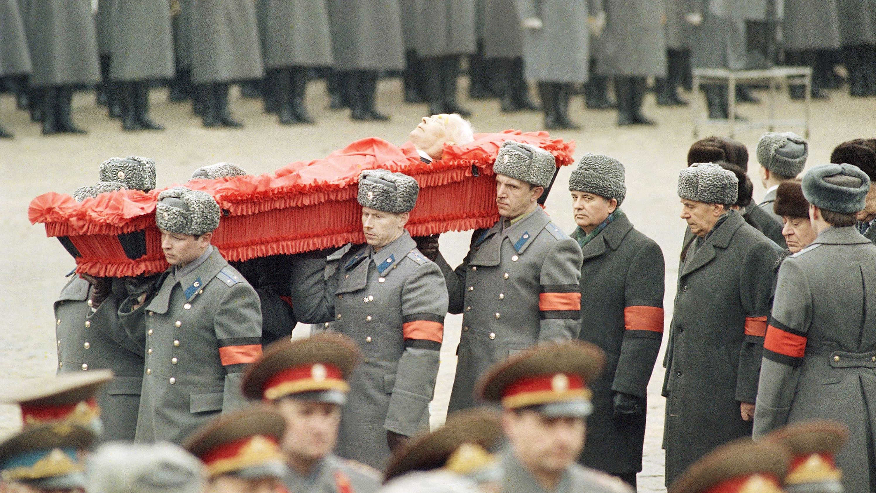 Gorbachev follows pallbearers carrying the casket of his predecessor as Soviet leader, Konstantin Chernenko, in Moscow's Red Square in March 1985.