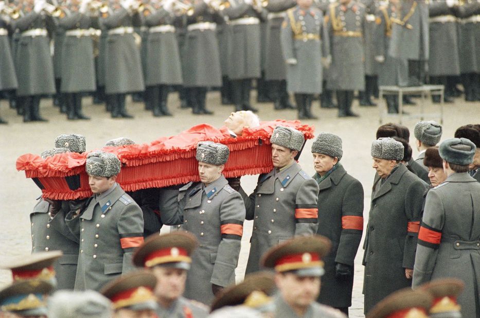 Gorbachev follows pallbearers carrying the casket of his predecessor as Soviet leader, Konstantin Chernenko, in Moscow's Red Square in March 1985.