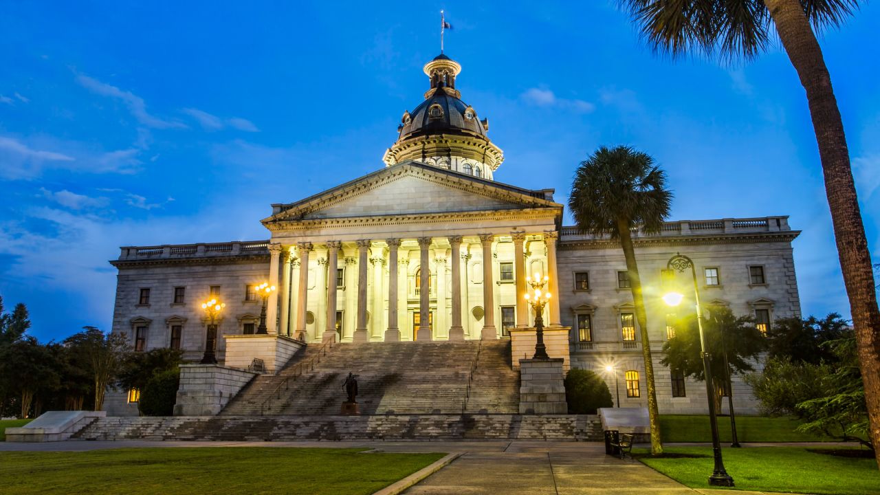 Early evening at the state capitol building in Columbia, South Carolina.