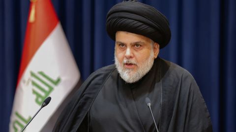 Iraqi Shiite cleric Muqtada al-Sadr makes a speech from his house in Najaf, Iraq, on Tuesday. 