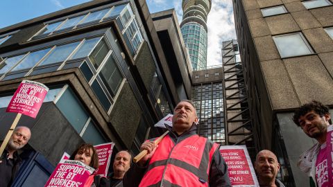 BT workers on strike over  pay on August 30 in London, England.