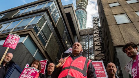 BT workers on strike over their wages on August 30 in London, England.