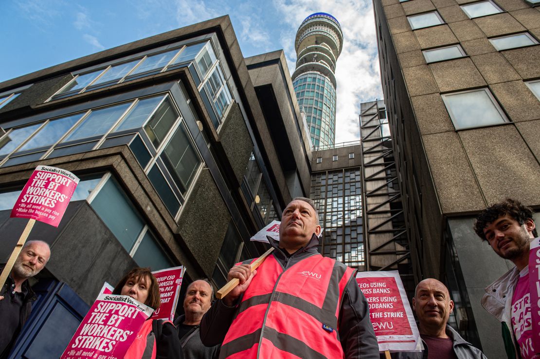 BT workers on strike over  pay on August 30 in London, England.