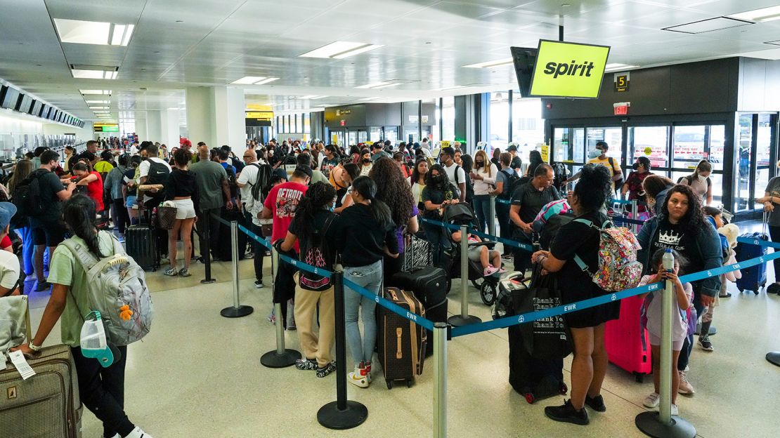 Travelers arrive at Newark Liberty International Airport on July 3, 2022 in Newark, New Jersey. 