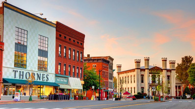 Northampton, Massachusetts, USA - October 15, 2020: Morning view of shops and City Hall along Main St in the downtown district