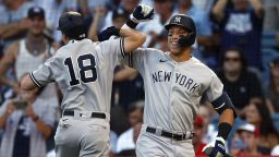 ANAHEIM, CALIFORNIA - AUGUST 30:  Andrew Benintendi #18 of the New York Yankees celebrates a home run with Aaron Judge #99 in the first inning against the Los Angeles Angels at Angel Stadium of Anaheim on August 30, 2022 in Anaheim, California. (Photo by Ronald Martinez/Getty Images)