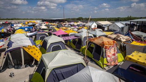Rows of tents set up at the Senda de Vida shelter on August 30, 2022.