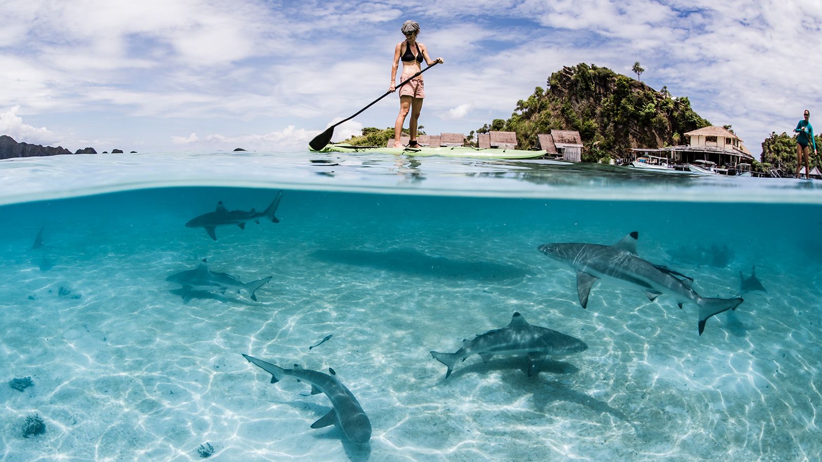 <strong>2022 Blue Parks Award winner: </strong>A paddle boarder glides through the waters surrounding Misool. This year, the Raja Ampat Marine Parks Network -- which includes 10 protected areas spanning more than two million hectares -- was awarded the Blue Parks Award.