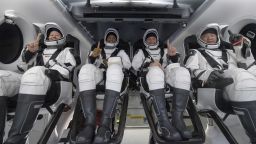 PANAMA CITY, FL. - MAY 02: In this NASA handout, NASA astronauts Shannon Walker, left, Victor Glover, Mike Hopkins, and Japan Aerospace Exploration Agency (JAXA) astronaut Soichi Noguchi, right are seen inside the SpaceX Crew Dragon Resilience spacecraft onboard the SpaceX GO Navigator recovery ship shortly after having landed in the Gulf of Mexico on Sunday, May 2, 2021, off the coast of Panama City, Florida.  NASAs SpaceX Crew-1 mission was the first crew rotation flight of the SpaceX Crew Dragon spacecraft and Falcon 9 rocket with astronauts to the International Space Station as part of the agencys Commercial Crew Program. (Photo by Bill Ingalls/NASA via Getty Images)