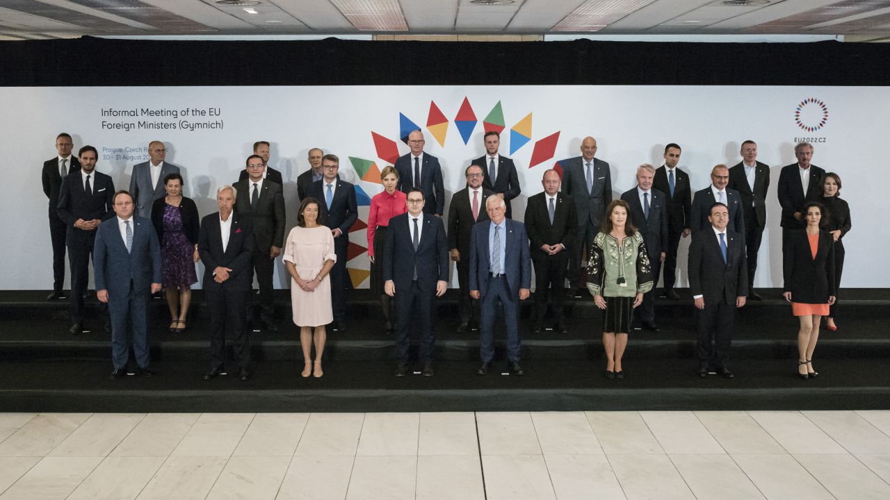 The EU High Representative for Foreign Affairs Josep Borrell (first row, C-R) and Czech Foreign Minister Jan Lipavsky (next to him, C-L) pose with other participants of an EU foreign minister's meeting on August 31 in Prague.