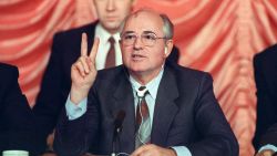 Soviet leader Mikhail Gorbachev gestures during a news conference at the Soviet Compound 10 December 1987 following three days of summit talks with US President Ronald Reagan. (Photo by Don EMMERT / AFP) (Photo by DON EMMERT/AFP via Getty Images)