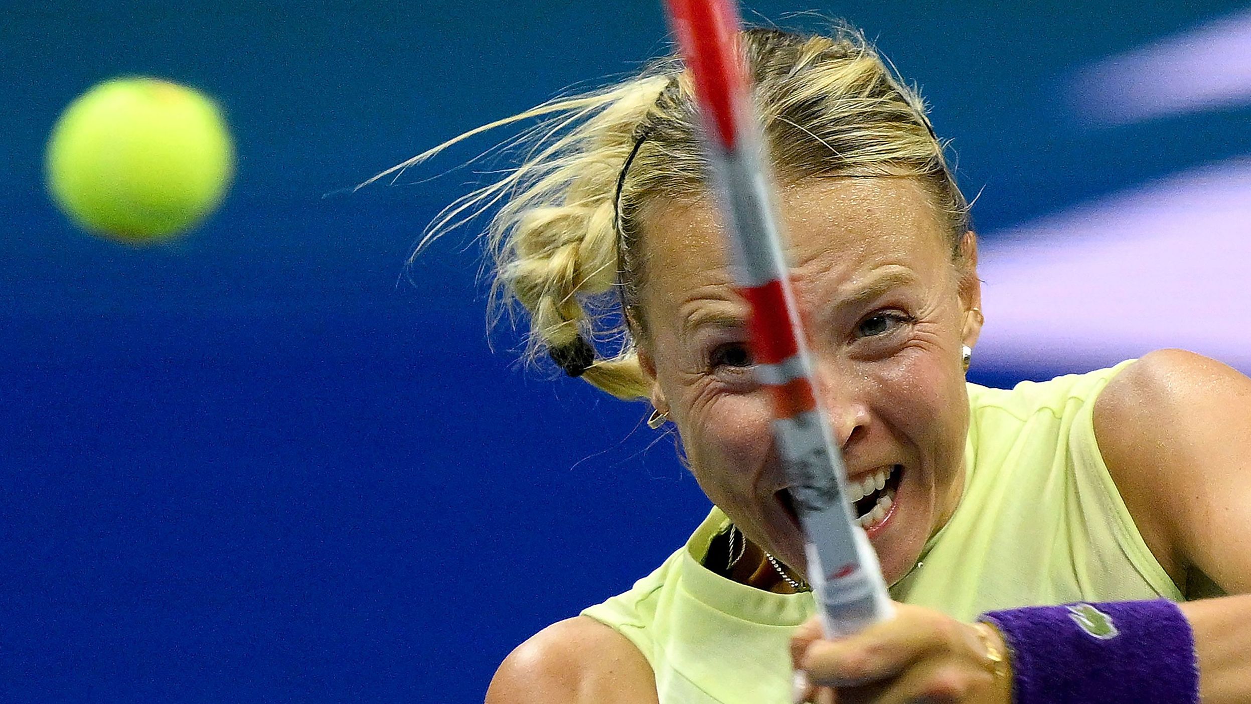 Kontaveit, a 26-year-old from Estonia, returns a shot.