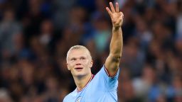 MANCHESTER, ENGLAND - AUGUST 31: Erling Haaland of Manchester City celebrates after scoring his hat trick during the Premier League match between Manchester City and Nottingham Forest at Etihad Stadium on August 31, 2022 in Manchester, England. (Photo by James Gill - Danehouse/Getty Images)