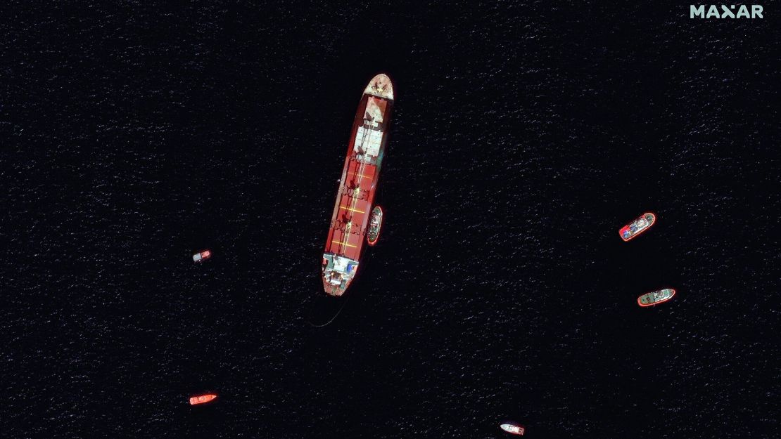 Satellite imagery shows the damaged and partially submerged OS 35 cargo ship off the coast of Gibraltar. 