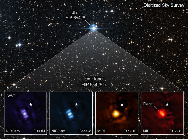 Webb's first direct image of an exoplanet showcases it in different bands of infrared light. The planet, called HIP 65426 b, is a gas giant.