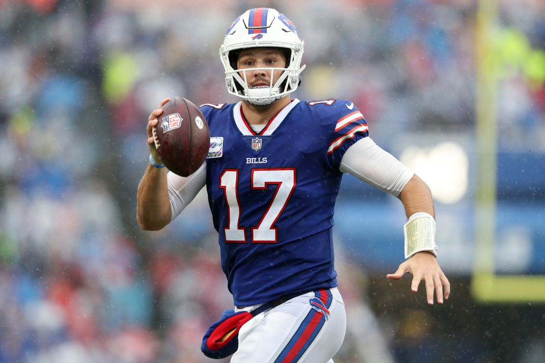 Allen looks to pass against the Houston Texans in the fourth quarter at Highmark Stadium on October 3, 2021.