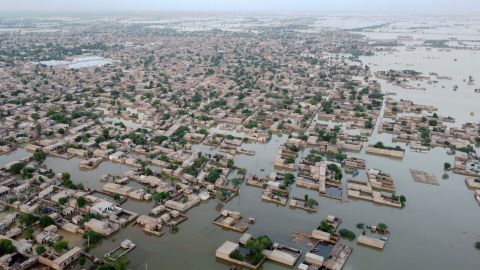 This aerial image, taken on September 1, 2022, shows flooded residential areas in the town of Dera Allah Yar in Jaffarabad District, Balochistan Province.