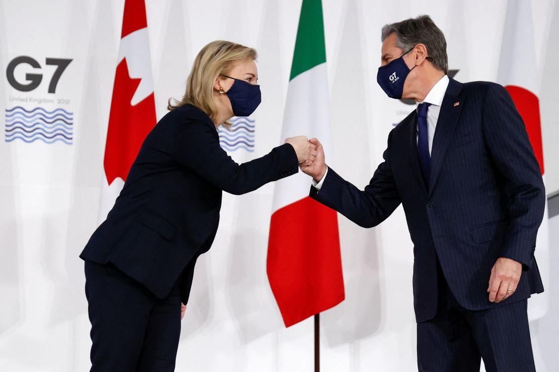 Truss greets US Secretary of State Antony Blinken at a G7 summit in Liverpool last December.