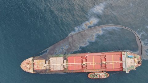 Oil leaks from the OS 35 cargo ship, which collided with a gas tanker off Gibraltar on Tuesday.