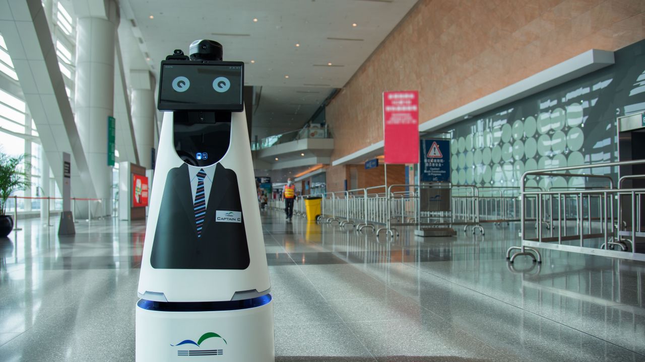 Portal, Rice Robotics' third product, is taller with a touch screen, two-way intercom and streaming cameras for patrolling public areas — such as Captain C, pictured at the Hong Kong Exhibition and Convention Center.
