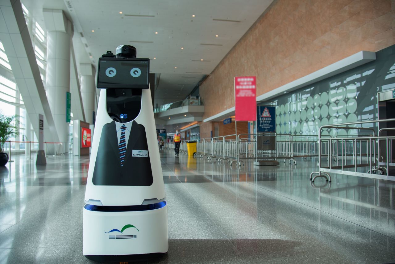 <strong>Smart patrol:</strong> Robots can also help monitor public spaces. Portal, Rice Robotics' third product, is taller with a touch screen, two-way intercom and streaming cameras for patrolling public areas -- such as Captain C, pictured at the Hong Kong Exhibition and Convention Center. As well as making deliveries, Portal can guide visitors and gather live data about its environment, such as body temperatures and air quality.  