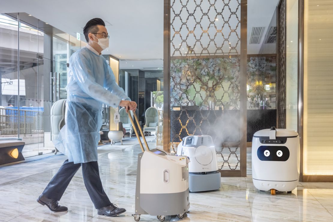 During the pandemic, the Dorsett Wanchai hotel in Hong Kong introduced a team of high-tech robots, including droids for cleaning and sanitizing, and Rice for contactless room service.