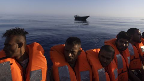 Migrants are rescued by volunteers of the Ocean Viking, a migrant search and rescue ship, south of the Italian island of Lampedusa on Saturday, August 27.