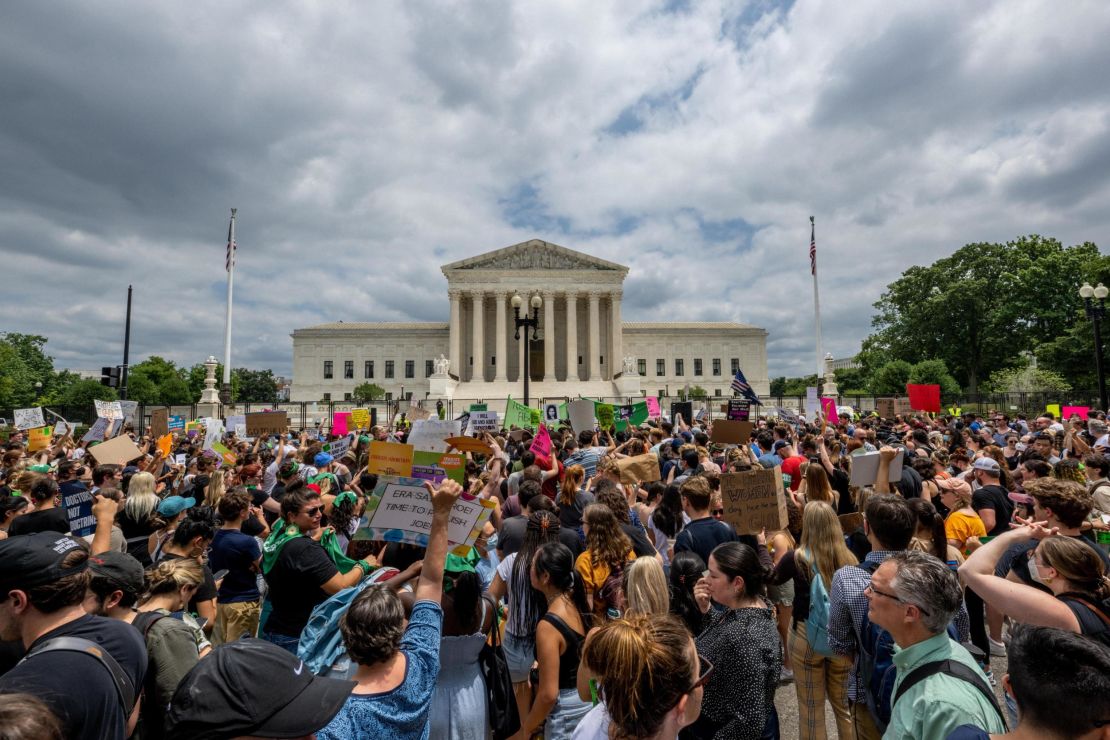 People protest in front of the U.S. Supreme Court after the overturning of the landmark 50-year-old Roe v. Wade case.