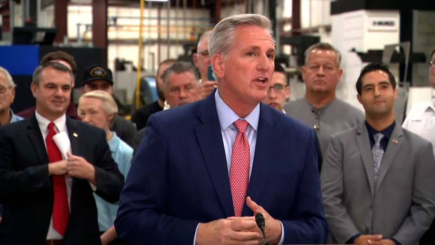House Minority Leader Kevin McCarthy gives a speech in Pennsylvania ahead of President Biden's prime time address.