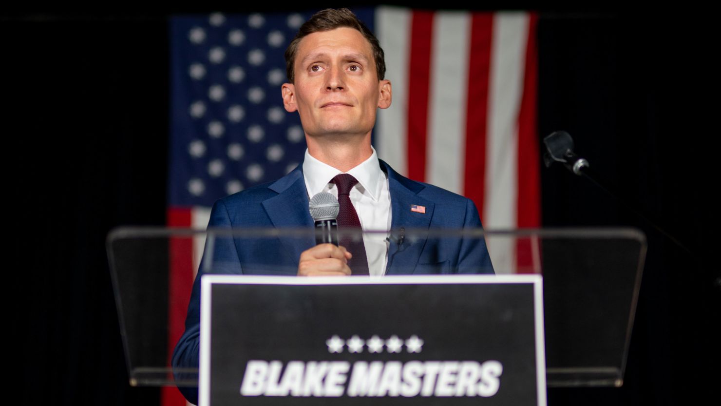 Republican US senatorial candidate Blake Masters speaks during his election night watch party on August 2, 2022 in Chandler, Arizona. 