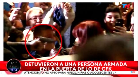 A frame from a video released by TN Argentina highlights the moment when a man pointed a weapon at Argentina Vice President Cristina Fernandez de Kirchner.