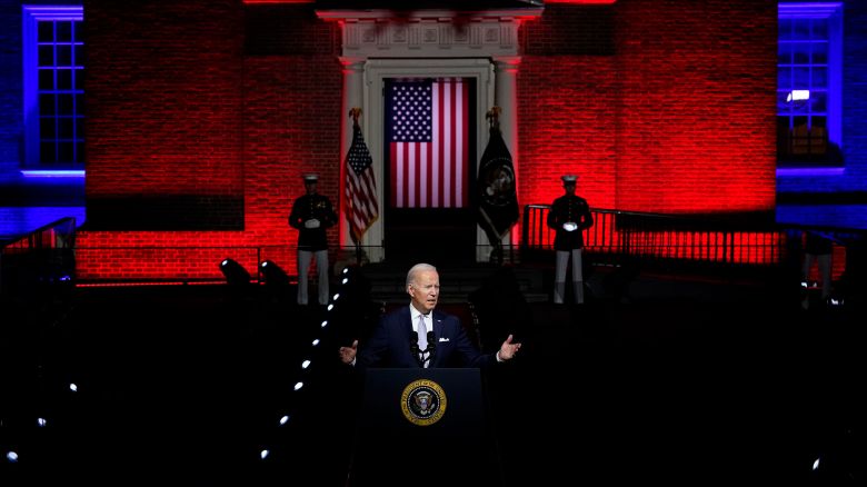 President Joe Biden speaks outside Independence Hall, Thursday, Sept. 1, 2022, in Philadelphia. 