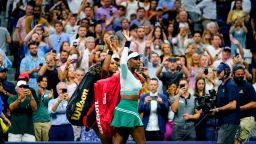 Serena Williams, center left, and Venus Williams, of the United States, depart after losing their first-round doubles match against Lucie Hradecká and Linda Nosková, of the Czech Republic, at the U.S. Open tennis championships, Thursday, September 1, 2022, in New York. 