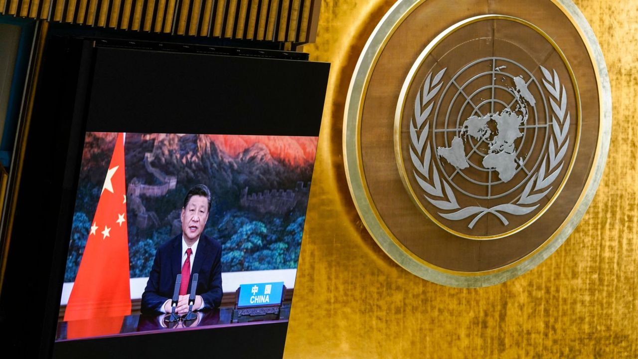 Chinese leader Xi Jinping gives a virtual address to the 76th Session of the UN General Assembly on September 21, 2021 in New York. 
