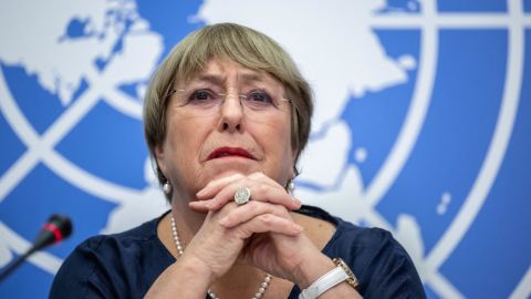 UN High Commissioner for Human Rights Michelle Bachelet gives a final press conference at the UN offices in Geneva on August 25, 2022. 