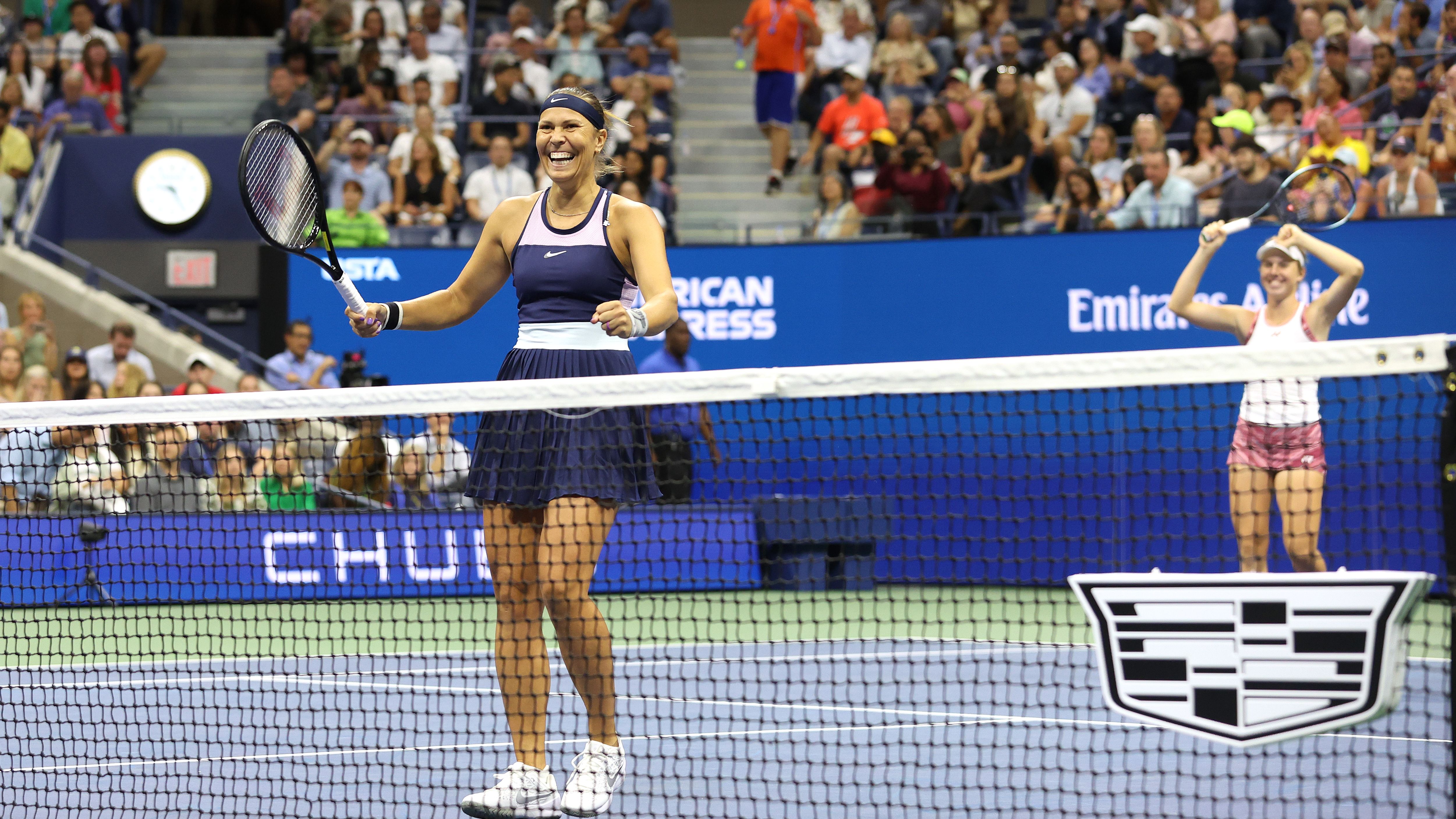Lucie Hradecká, left, and Linda Nosková of the Czech Republic celebrate after their win over the Williams sisters.