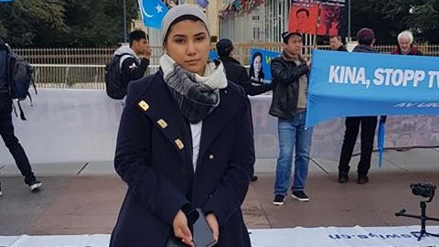Adila Yarmuhammad attends a 2018 protest at the UN in Geneva.