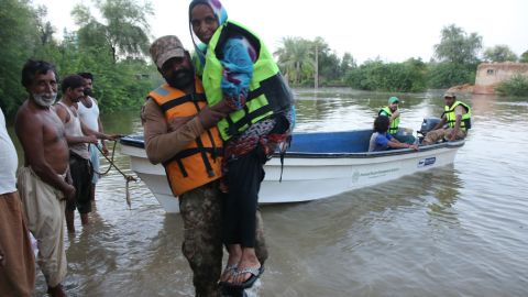Pakistani army rescues people affected by floods in hard-hit Sindh province on September 1, 2022. 