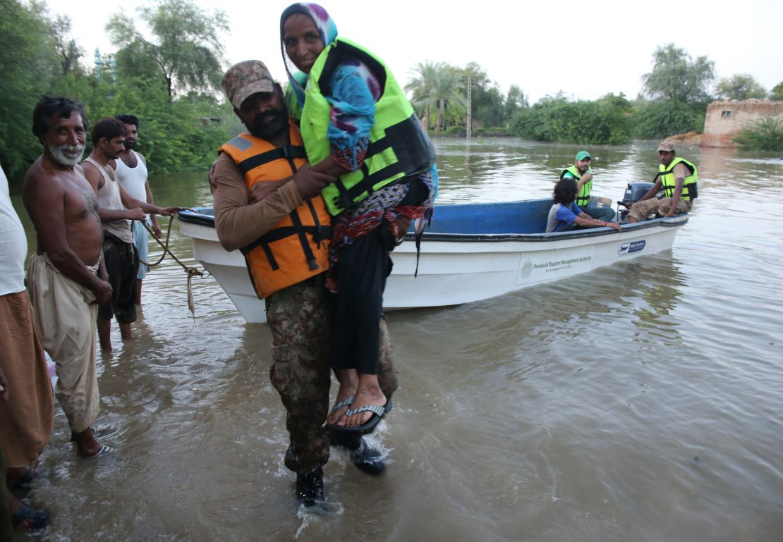 The Pakistan Army rescues people affected by the floods in the hard-hit Sindh Province on September 1, 2022. 