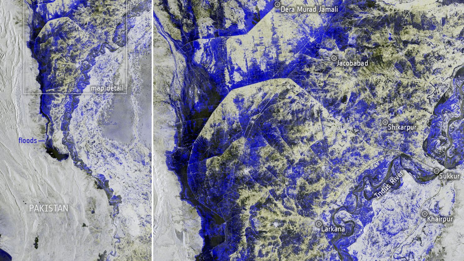 A European Space Agency satellite image on August 30, 2022 shows the extent of flooding that has devastated Pakistan.