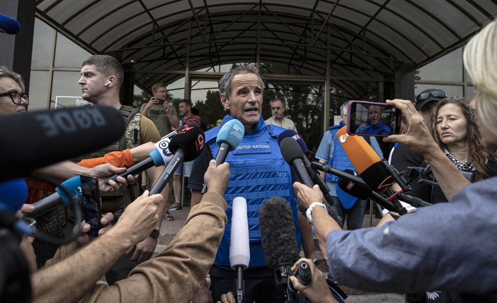 Rafael Mariano Grossi, Director General of the International Atomic Energy Agency, speaks to the press at his hotel before leaving to <a href="https://edition.cnn.com/2022/09/01/europe/ukraine-zaporizhzhia-iaea-inspectors-intl/index.html" target="_blank">inspect the Zaporizhzhia nuclear power plant</a> in Zaporizhzhia, Ukraine, on September 1.