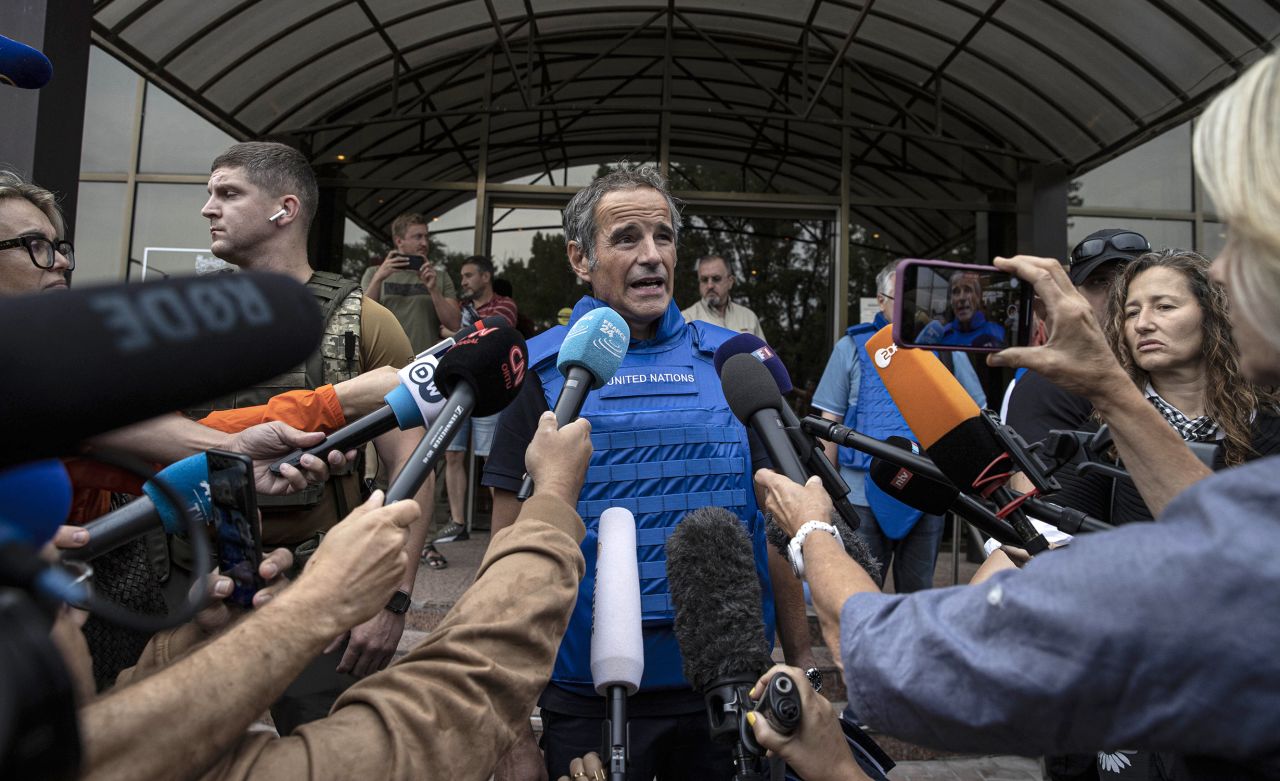 Rafael Mariano Grossi, Director General of the International Atomic Energy Agency, speaks to the press at his hotel before leaving to <a rel=